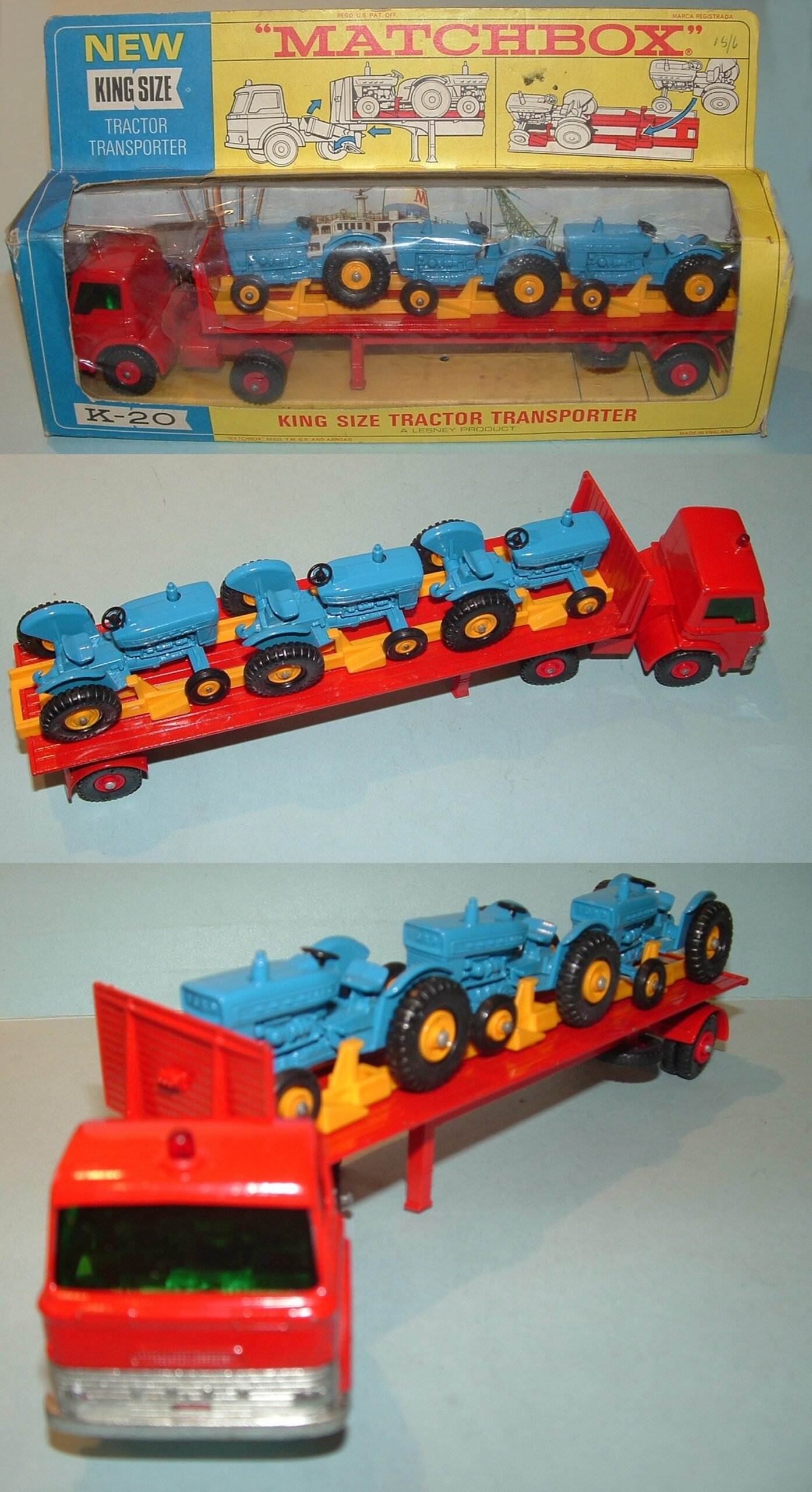 3 views of a Matchbox Lesney King Size K20 Tractor Transporter model. Mint with original box. Part of Tonys Toy Collection.