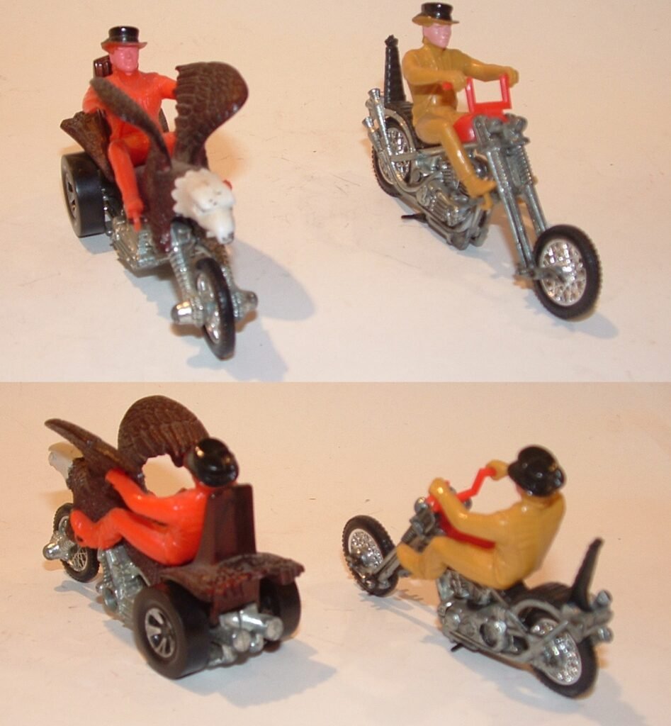 Examples of two Hot Wheels Rumblers Motor Cycles. A four panel image showing a front and rear view of the two bikes.
